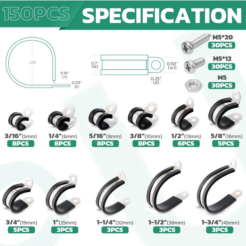 ORU 150PCS Cable Clamps with Screws Assortment Kit 304 Stainless Steel Rubber Coated Cushioned Insulated Wire Pipe Clamps 11 Sizes—3/16" 1/4" 5/16" 3/8" 1/2" 5/8" 3/4" 1" 1-1/4" 1-1/2" 1-3/4" - Image 2